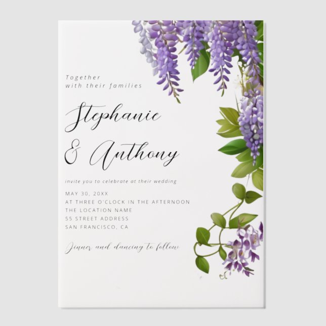 Botanical Hanging Purple Wisteria Wedding  Vellum Invitations (Front)