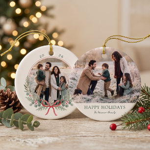 Botanical Happy Holidays Photo Ceramic Ornament