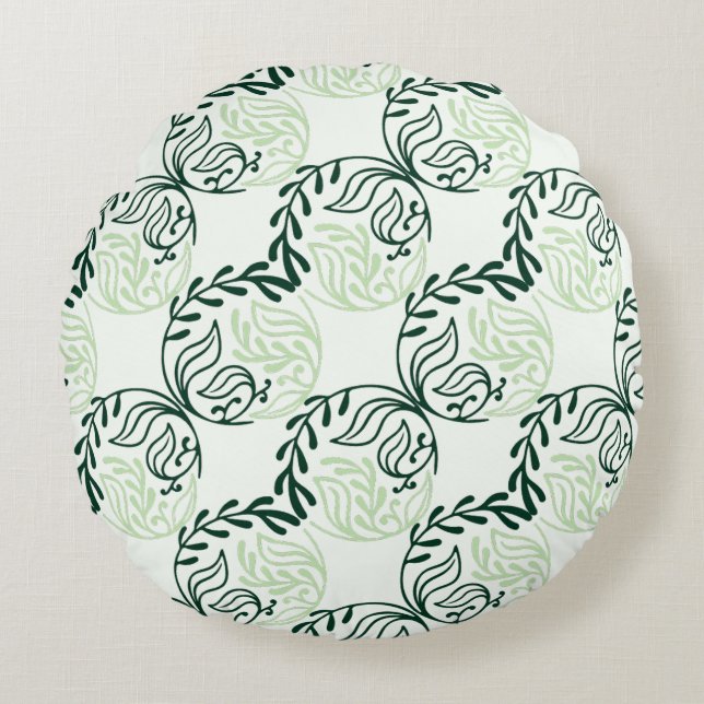 Botanical Harmony in Emerald Round Pillow (Front)
