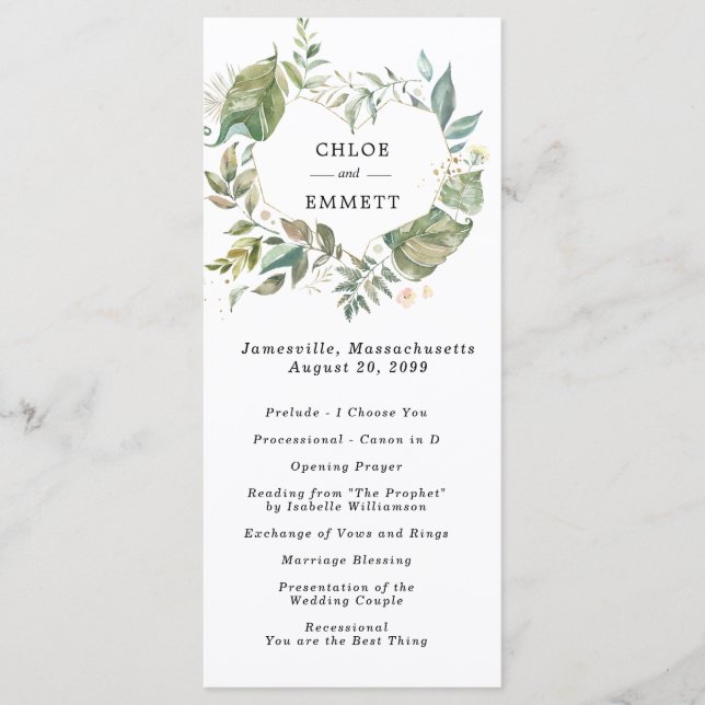 Botanical  Heart Wreath Wedding Ceremony Program (Front)