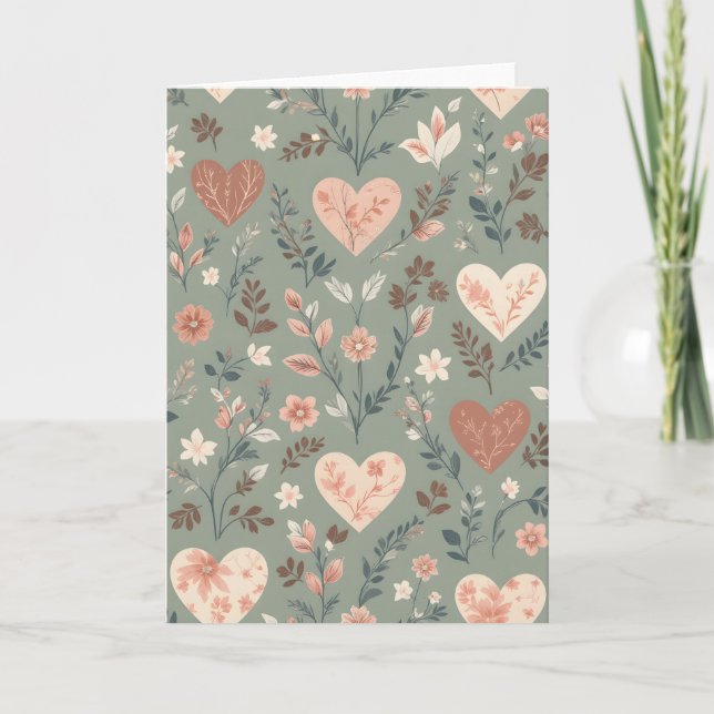 Botanical Hearts Romantic Floral Seamless Pattern  Card (Front)