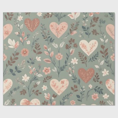Botanical Hearts Romantic Floral Seamless Pattern  Wrapping Paper