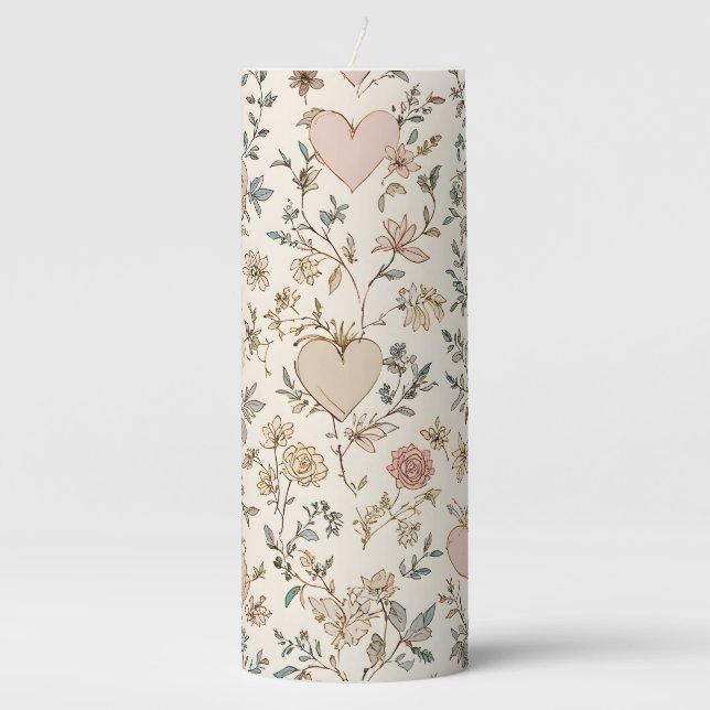 Botanical Hearts Romantic Floral Valentine Pattern Pillar Candle (Front)