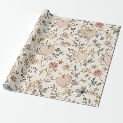 Botanical Hearts Romantic Floral Valentine Pattern Wrapping Paper