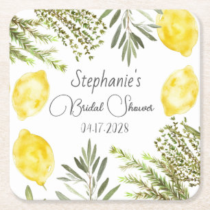 Botanical Herbs Lemons Vintage Bridal Shower Square Paper Coaster