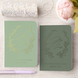 Botanical His and Her Sage Green Wedding Foil Vow Books
