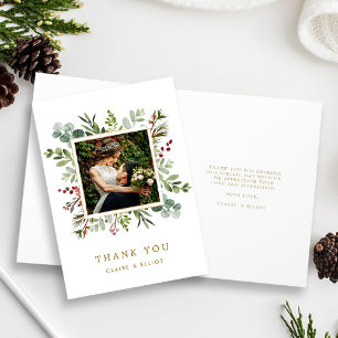 Botanical Holiday Gold Wedding Thank You Photo Card