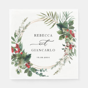 Botanical Holiday Greenery Red Berries Wedding Napkins