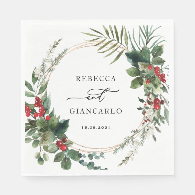 Botanical Holiday Greenery Red Berries Wedding Napkins (Front)