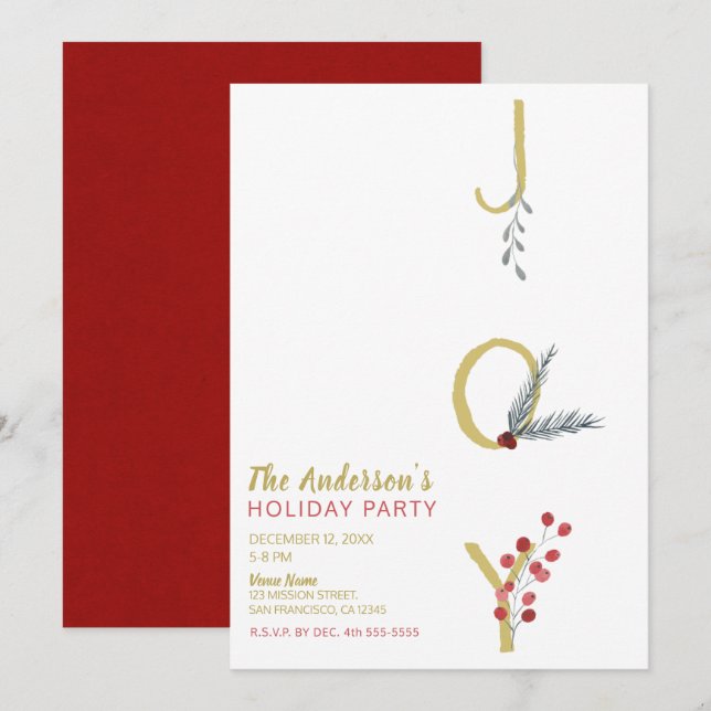 Botanical Holiday Joy Rustic Gold Minimal Party Invitation (Front/Back)