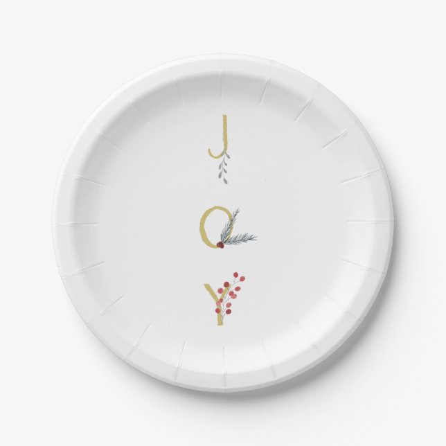 Botanical Holiday Joy Rustic Gold Minimal Party Paper Plates (Front)
