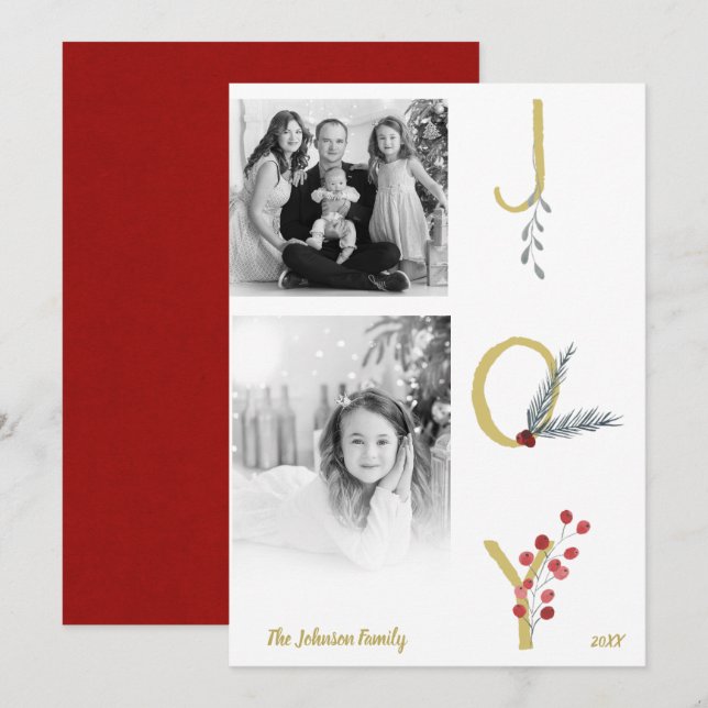 Botanical Holiday Joy Rustic Gold Minimal Photo Invitation (Front/Back)