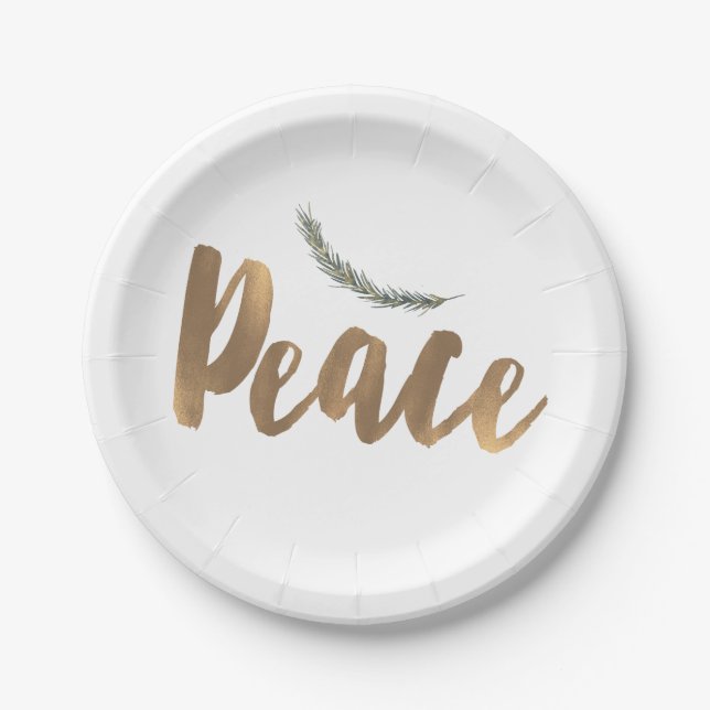 Botanical Holiday Peace Branch Pine Rustic Gold Paper Plates (Front)
