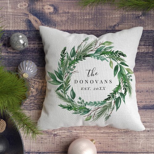 Botanical Holiday Pine Wreath with Family Name Throw Pillow