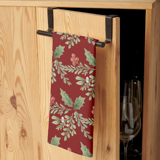 Botanical Holiday Red Holly Berries Greenery Kitchen Towel (Thirds Fold)