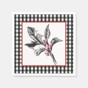Botanical Holly Black and White Christmas Paper Napkins