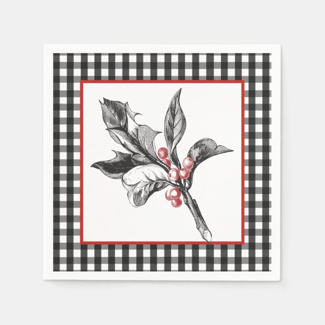 Botanical Holly Black and White Christmas Paper Napkins (Front)