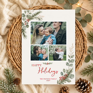 Botanical Holly Christmas Holidays 3 Photos  Holiday Card