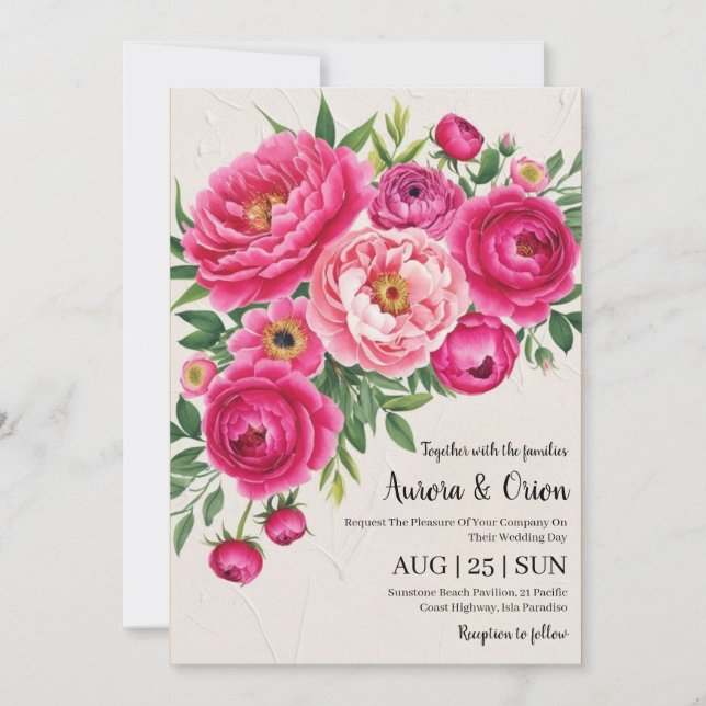 botanical hot pink floral wedding invitations (Front)
