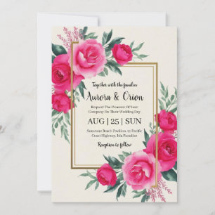 botanical hot pink floral wedding invitations
