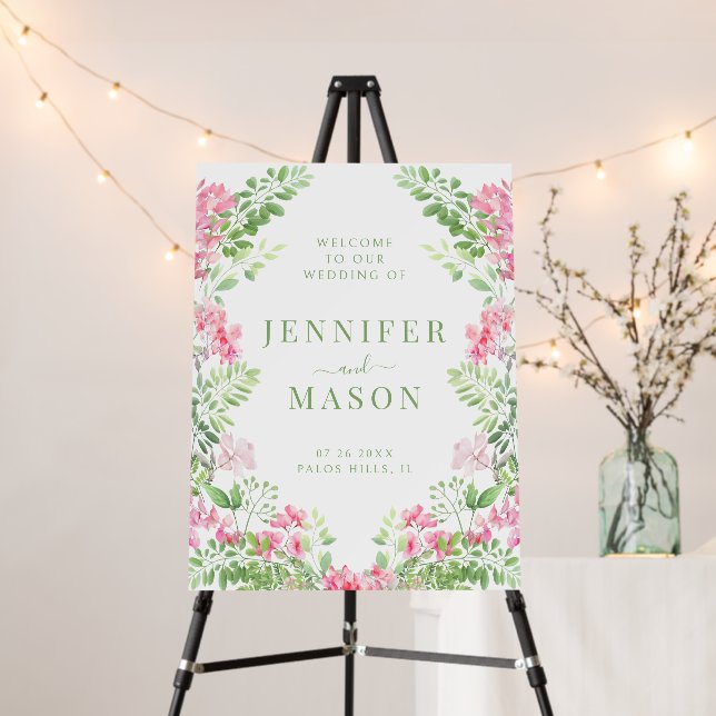 Botanical hot pink floral wedding welcome sign (In Situ (Stand))