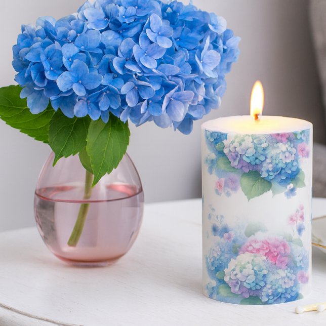 Botanical Hydrangea Pink and Blue  Pillar Candle (Hydrangea candle with fresh blooms—elegant floral glow for peaceful moments.)
