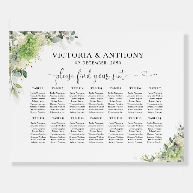 Botanical Hydrangeas Seating Chart Foam Board  (Front)