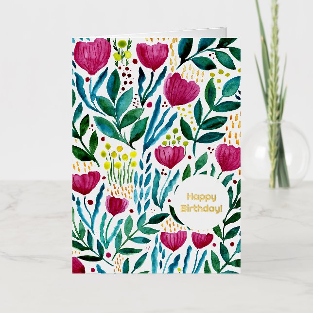Botanical illustration Happy Birthday Foil Holiday Card (Front)