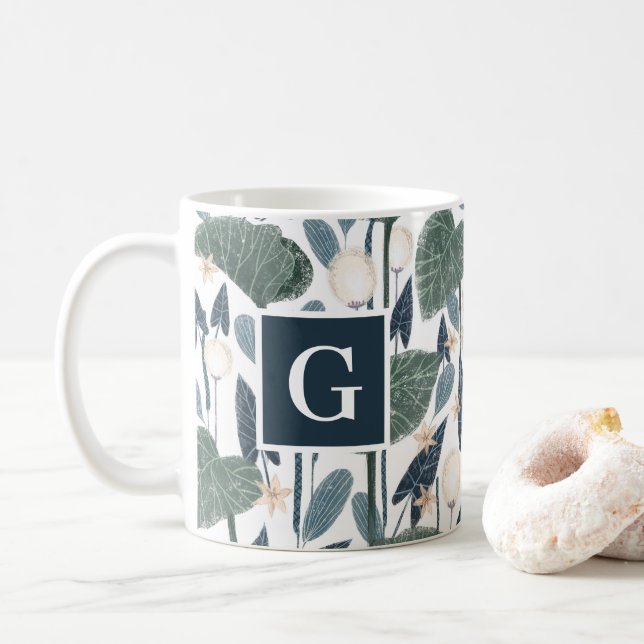 Botanical Illustration Plant Mom Monogram Coffee Mug (With Donut)