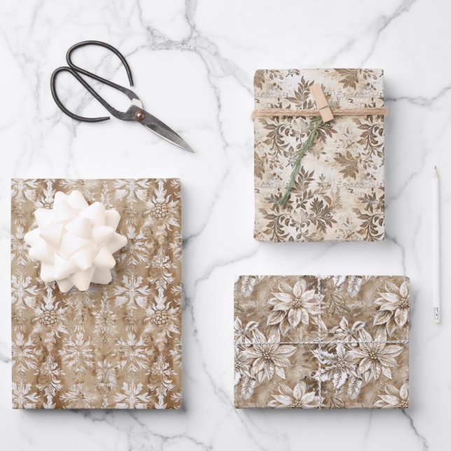 Botanical Illustrations and Beige and White Damask Wrapping Paper Sheets (Front)