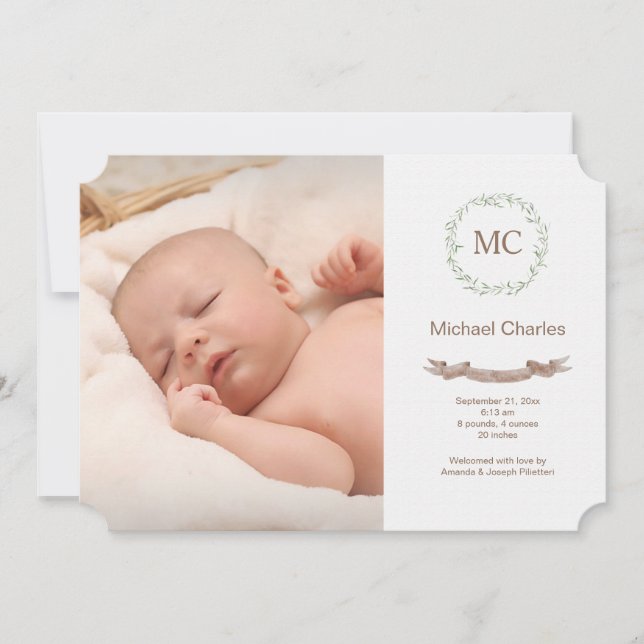 Botanical Initials Photo Birth Announcement (Front)