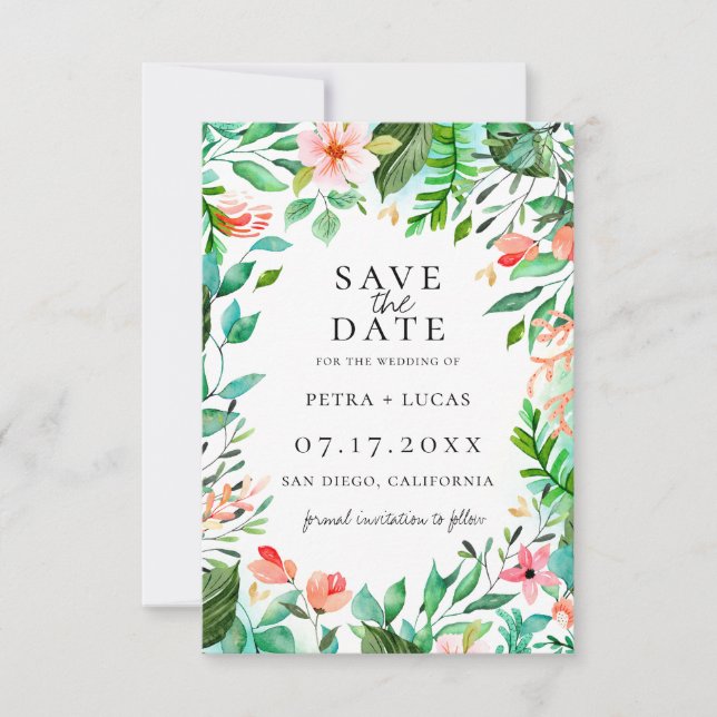 Botanical Island Coral Floral Save The Date Announcement (Front)