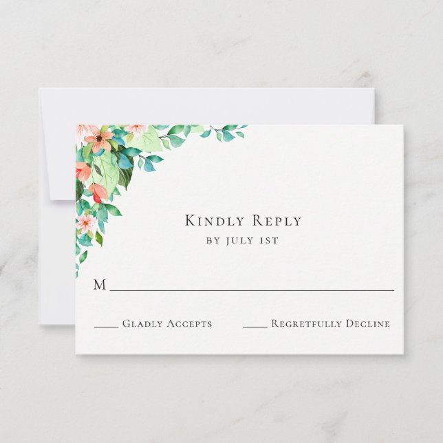 Botanical Island Coral Floral Wedding RSVP Card (Front)