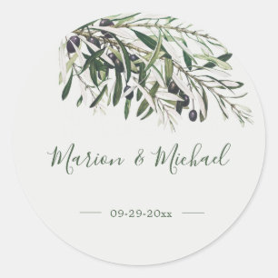  Botanical Italian Green Olive Branch Wedding Clas Classic Round Sticker