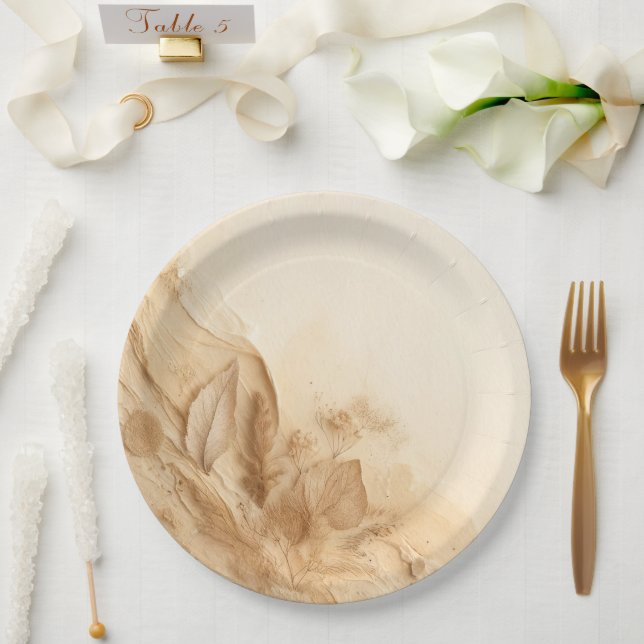 Botanical Ivory Cream Bohemian Textured Wedding Paper Plates (Wedding)