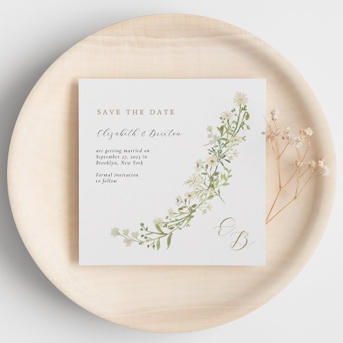 Botanical Ivory Gold Wild Flowers Monogram Wedding Save The Date