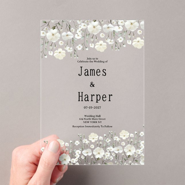 Botanical ivory mint delicate floral Wedding Acrylic Invitations (Insitu (Handheld))