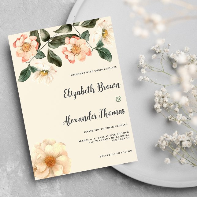 Botanical  ivory pink coral green floral wedding invitation (Botanical ivory pink coral green floral wedding)