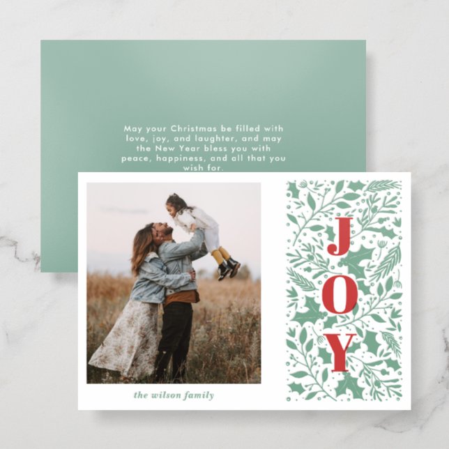 Botanical Joy Foliage Winter Christmas Holiday Letterpress Photo Cards (Front/Back)