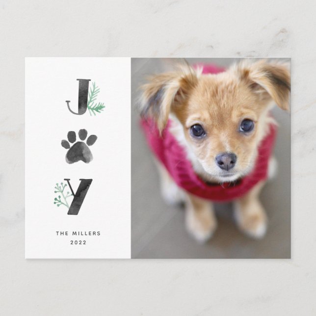 Botanical Joy Paw Print | Pet Photo Holiday Postcard (Front)