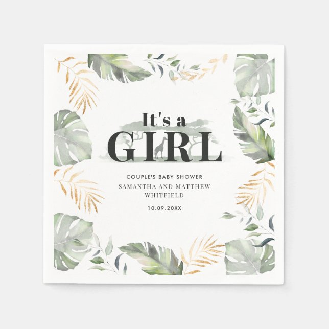 Botanical Jungle Giraffe Couple Baby Shower Paper Napkins (Front)