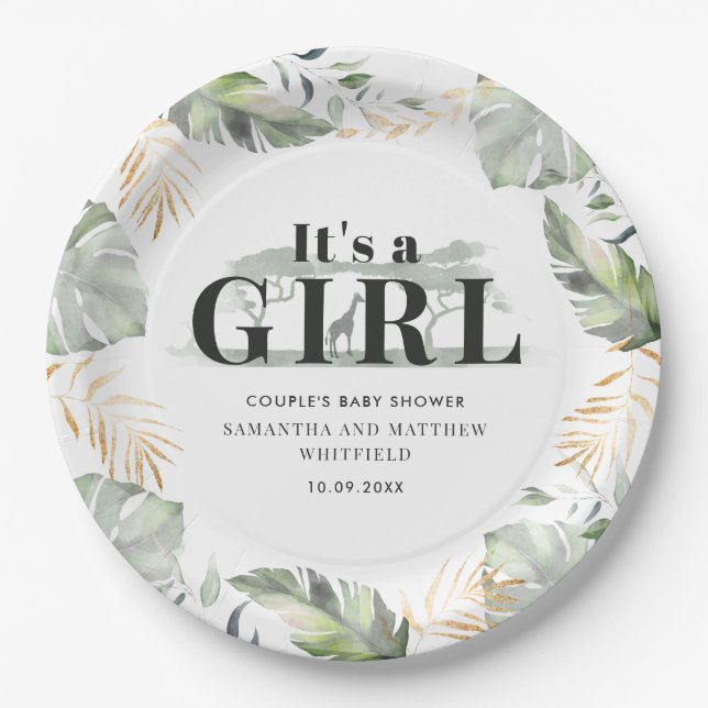 Botanical Jungle Giraffe Couple Baby Shower Paper Plates (Front)