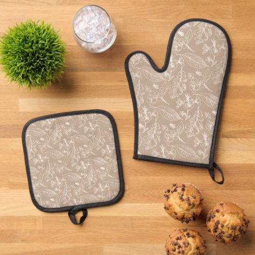 Botanical Khaki Beige Leaves Floral Art Pattern Oven Mitt  Pot Holder Set