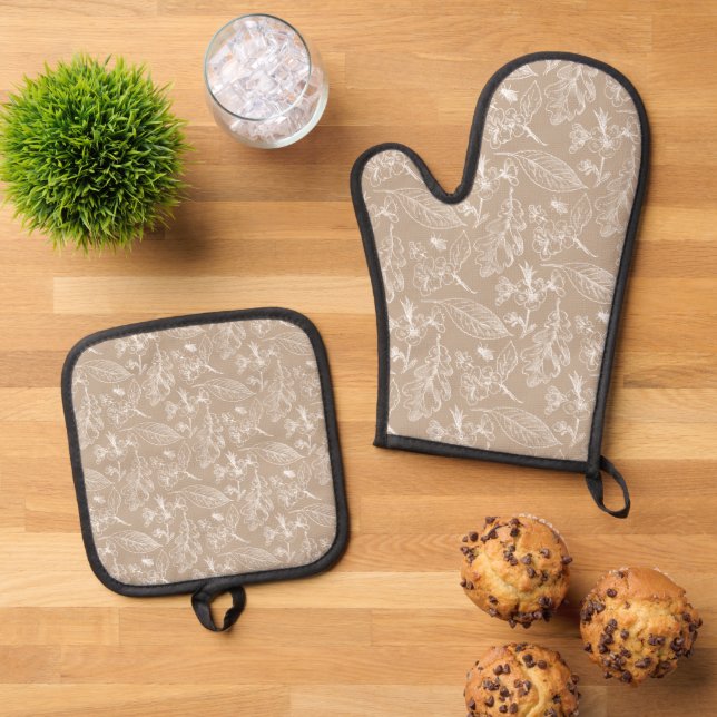 Botanical Khaki Beige Leaves Floral Art Pattern Oven Mitt & Pot Holder Set (Top Down)