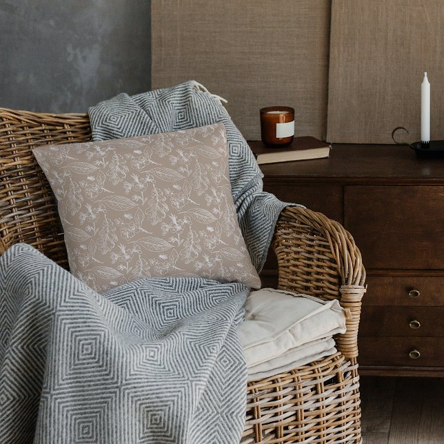 Botanical Khaki Beige Leaves Floral Art Pattern Throw Pillow (Creator Uploaded)