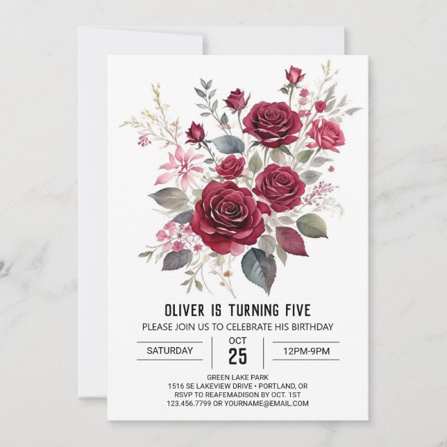 Botanical Kids' Burgundy Floral Birthday  Invitation (Front)