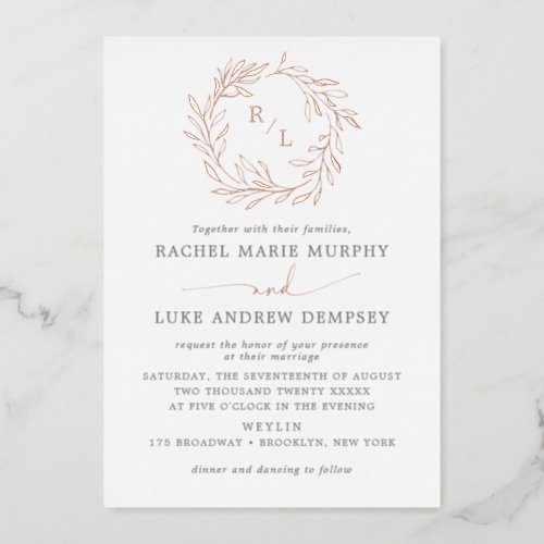 Botanical Laurel Leaf Wreath Wedding Monogram Foil Foil Invitation