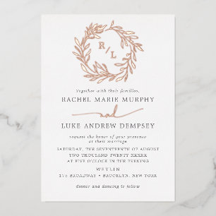 Botanical Laurel Leaf Wreath Wedding Monogram Foil Invitation