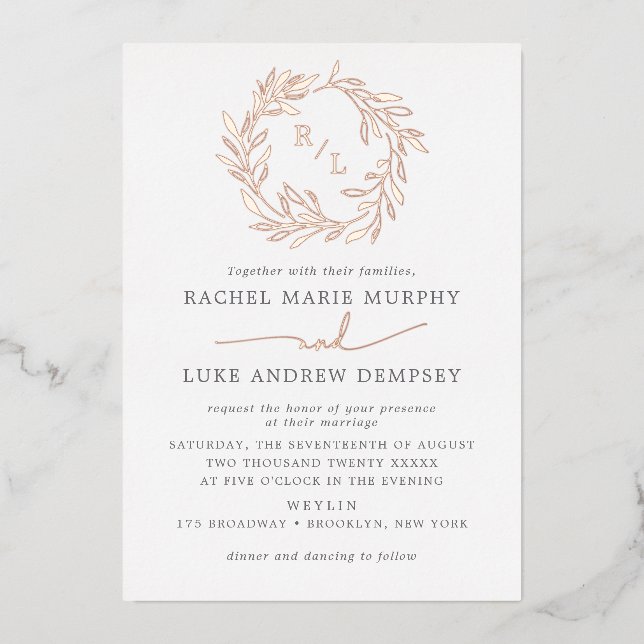 Botanical Laurel Leaf Wreath Wedding Monogram Foil Invitation (Front)