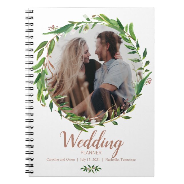 Botanical Laurel Wreath Photo Wedding Planner Notebook (Front)